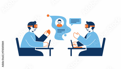 Two individuals wearing vr headsets and using laptops, engaged in virtual communication within a metaverse environment, featuring an avatar profile and text message icon