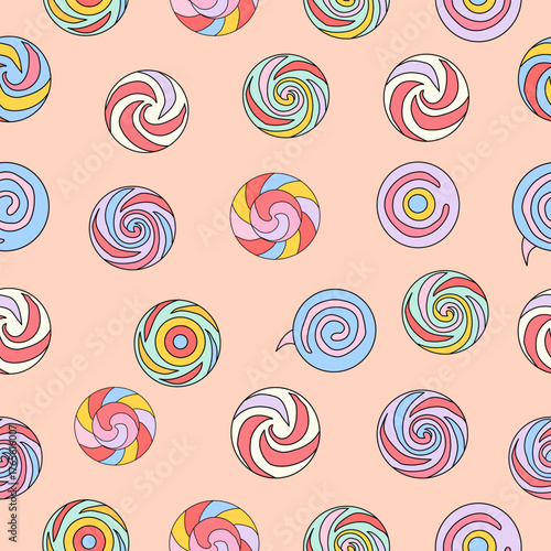 Minimal swirl candy line art collection. Aesthetic sweet spiral vector set. Geometric confectionery pattern. Elegant circular candy design. Clean outline sweets. Seam,ess pattern of candy
