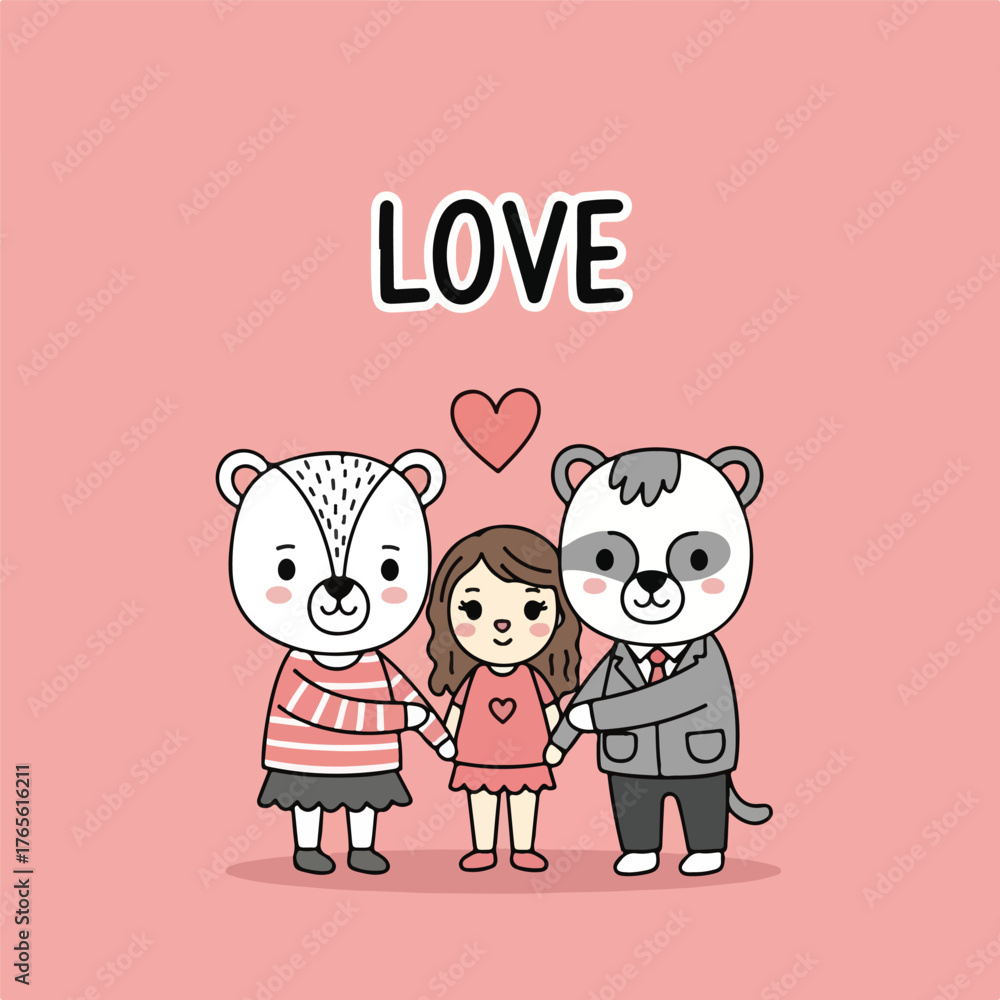 Naklejka premium Illustration of a cartoon girl with two anthropomorphic animals standing together in a cute composition with a heart above them on a pink background.