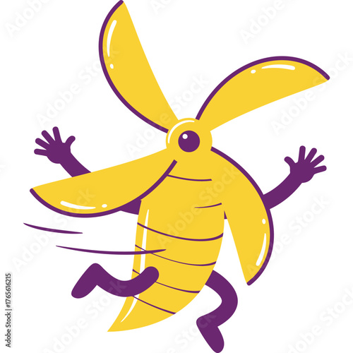 Cartoon banana character running with arms raised fruit yellow purple illustration mascot food fun playful