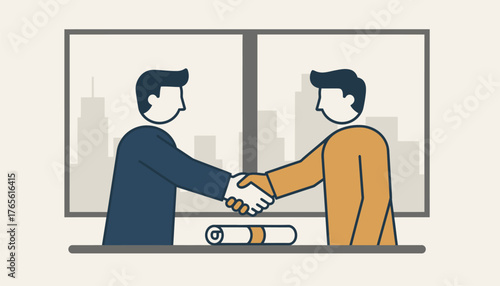 Two businessmen shaking hands over a rolled document with a city skyline in the background, representing successful business agreement, partnership, or contract completion