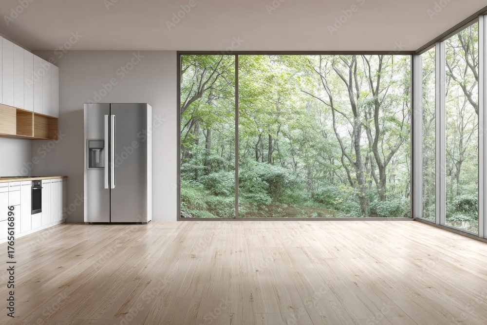 Fototapeta premium Modern kitchen with stainless steel appliance and large window views forest.