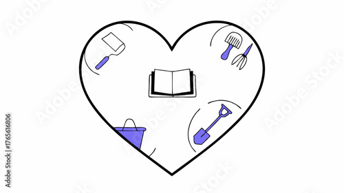 A heart formed by various volunteering activity icons such as gardening tutoring and counseling reflecting the diverse ways people contribute to their community.