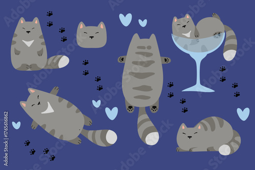 Vector flat set of illustrations of a cute cat character sticker, character in different poses