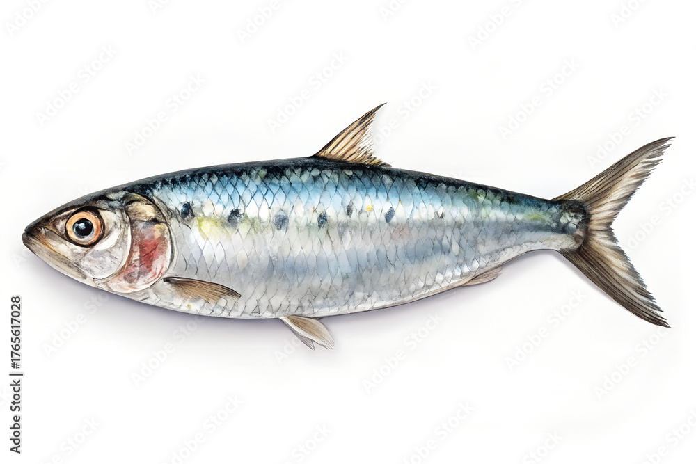 Fototapeta premium Freshly caught sardine showcasing iridescent scales and detailed fins, perfect for culinary or educational projects.