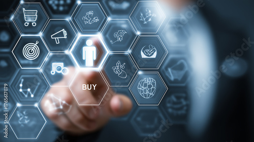 Target customer & buyer persona concept: Marketing strategies, personalization, and customer-centric plans. Businessman interacting with screen to reach target audience