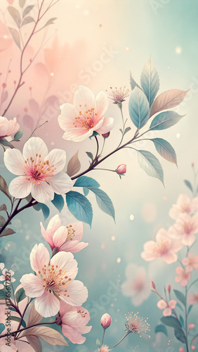 Delicate blush pink cherry blossoms burst forth on elegant branches creating a serene spring garden scene with soft bokeh lights illuminating