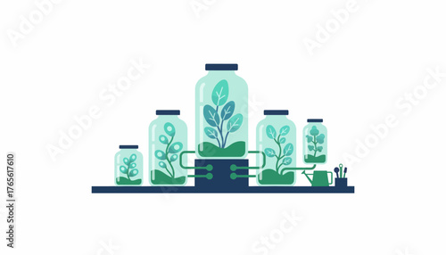 Plants growing in glass jars linked by a compact hydroponic system, showcasing indoor agriculture, biotech experimentation and sustainable urban gardening on a clean white background