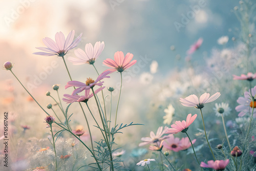 Delicate pastel cosmos flowers sway gently in a soft, dreamy meadow bathed in warm, ethereal light, creating a scene of serene natural beauty.