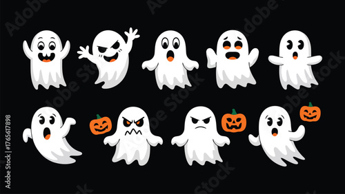 Collection of cute and spooky cartoon ghosts with various expressions and pumpkins
