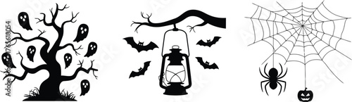 Halloween silhouette collection spooky tree bats skeleton spiderweb