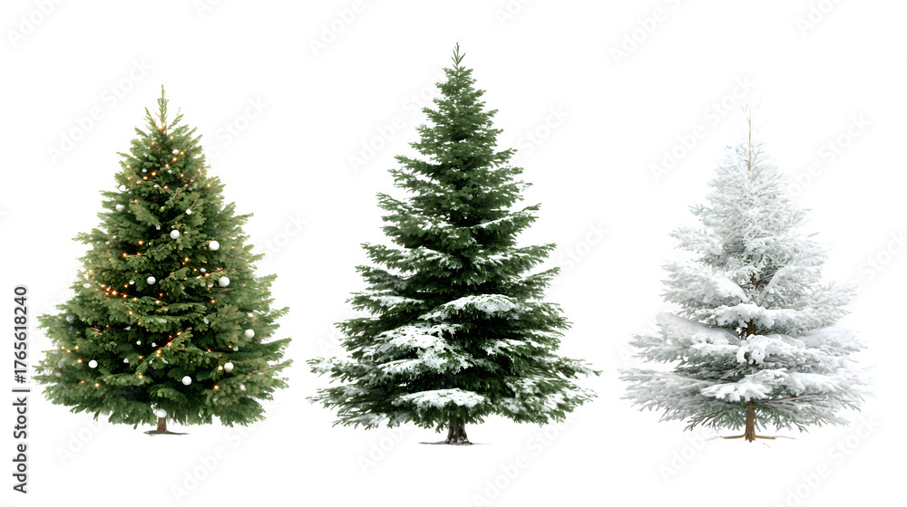 Obraz premium A set three christmas tree on empty tree second decorated tree and third snow tree isolated on white backhground