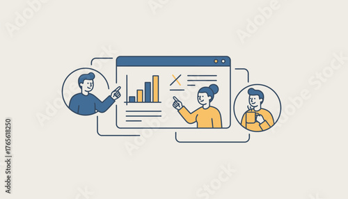 Remote team members analyzing data and presenting business charts on a virtual desktop screen, emphasizing teamwork and communication in a telecommuting environment