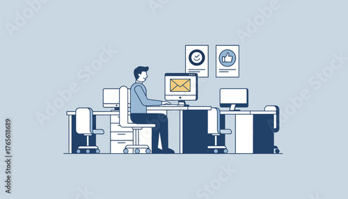 Man working with a computer at a minimalist style office, sending emails and managing business tasks, symbolizing communication, productivity, and corporate roles in a modern setting