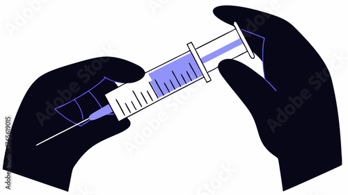 A closeup illustration of a syringe filled with a colorful vaccine and a pair of gloved hands symbolizing the medical aspect of vaccination.