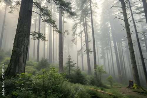Mystical forest scene with tall trees enveloped in ethereal fog, a serene landscape perfect for conveying peace and wonder in nature photography projects