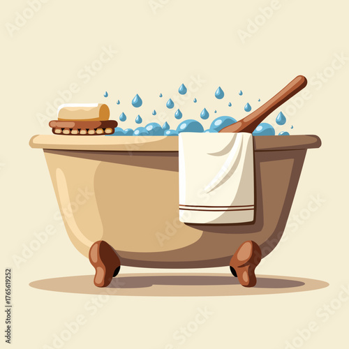 Illustration of bathtub filled with bubbles in soothing colors offers a relaxing ecotheme. Bathtub features clean towel, wooden brush, and gentle water drops above, creating a sense of eco awareness.