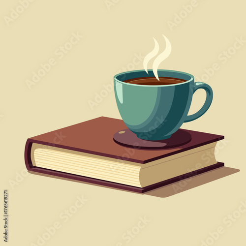 Cup on book illustration presents steaming cup and closed hardcover book, suggesting peaceful study or relaxation. Hot cup balances with circular coaster on closed volume,