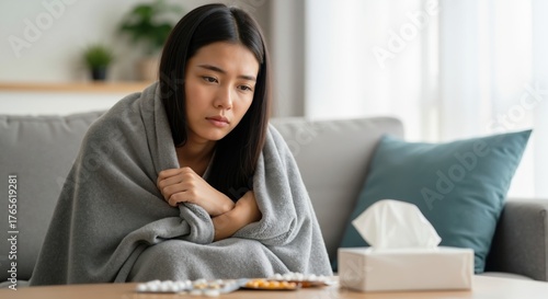 A sick young Asian woman wrapped in a blanket feeling unwell at home. Ill female with cold or flu symptoms sitting on a couch with medicine and tissues on the table
