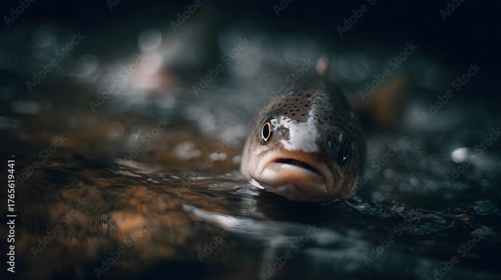 Fototapeta premium Close up view of a trout s head emerging from the surface of dark flowing river water