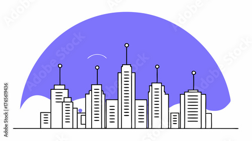 A city skyline silhouette with skyscrapers evolving into digital data streams representing the impact of technology on urban economic growth.