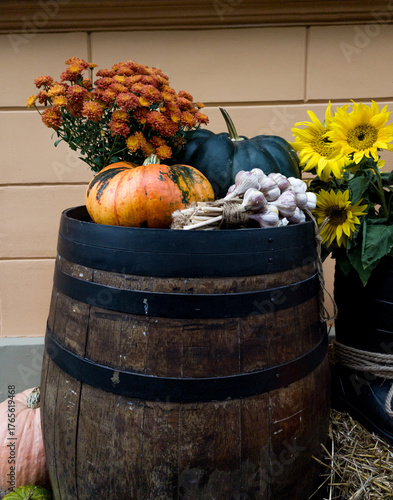 Colorful pumpkins and flowers