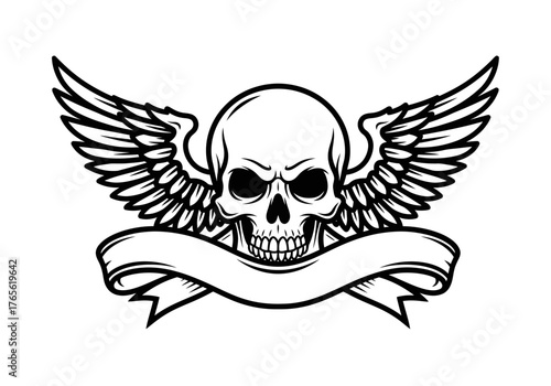 A striking black and white emblem of a human skull with large, detailed wings spread open and a blank banner ribbon flowing across the front, perfect for a tattoo or logo design.