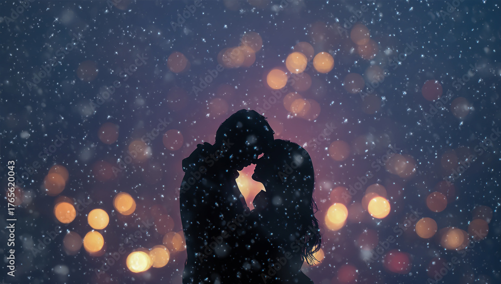 Obraz premium Romantic couple embracing in the snow with soft lights in the background at night