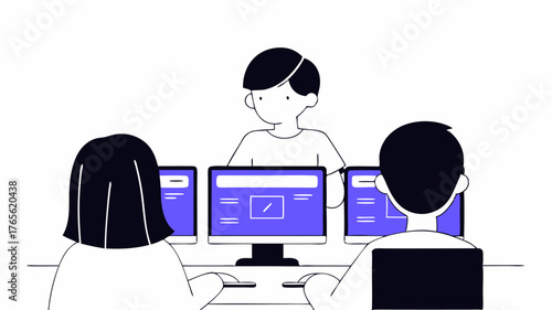 A tech station featuring students working on computers coding games and engaging in digital design with one child showcasing a project on a screen to their peers.