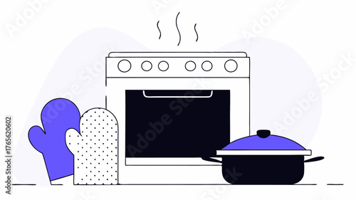 A steaming casserole emerging from the oven with oven mitts and kitchen tools in the foreground embodying the warm and inviting atmosphere of home cooking.