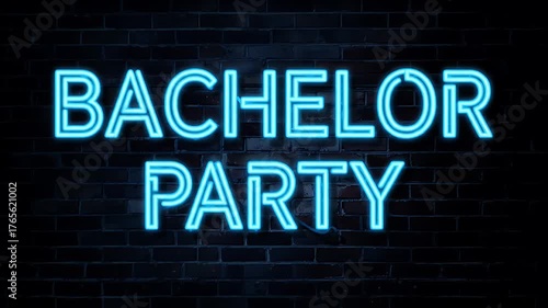 Blue Neon Bachelor Party Sign on Brick Wall
