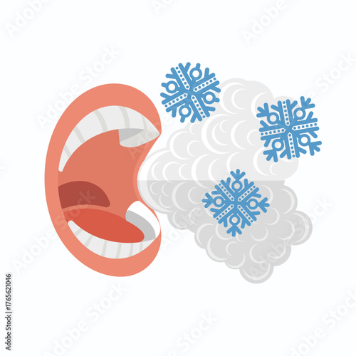 Person breathing vapor in winter with snowflakes. Fresh breath from mouth. Open mouth with steam and snowflakes flat style. Cold weather or fresh mouth breath vector flat illustration isolated on whit