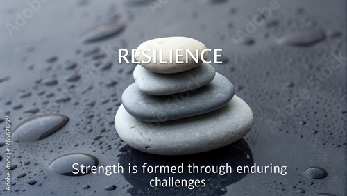 Stacked stones representing strength and resilience on dark surface