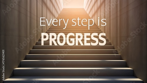 Staircase with the word PROGRESS emphasizing upward movement