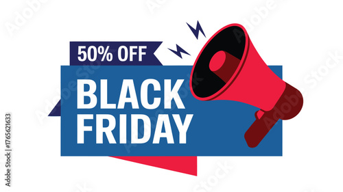 Black Friday sale banner with a red megaphone offering 50 off promotional vector design for advertising campaigns