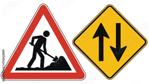 Road work ahead sign two way traffic sign vector illustration for traffic safety and construction warnings