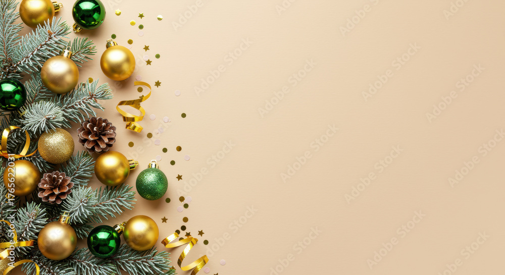 Fototapeta premium Festive gold and green christmas ornaments, pine cones, and fir branches arranged on beige background with space for text