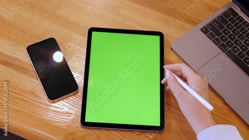 Person is using a tablet with a green screen. A cell phone is on the table next to the tablet