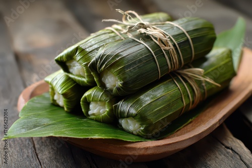 Filipino Rice Cake. Traditional Sticky Rice Delicacy Wrapped in Buli Leaves