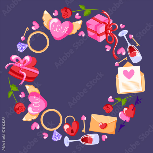 Romantic wreath with heart, rose, gift, letter, wine glasses and love symbol arranged in a circular frame in flat style. Design for Valentines Day card and wedding invitation.