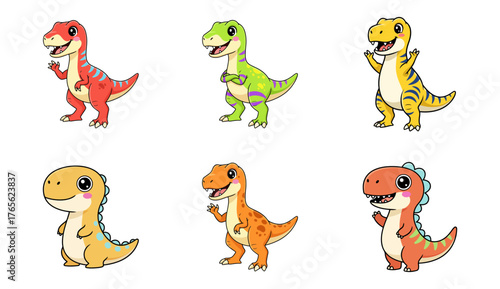 Cute and colorful cartoon baby dinosaurs T-Rex in various poses.