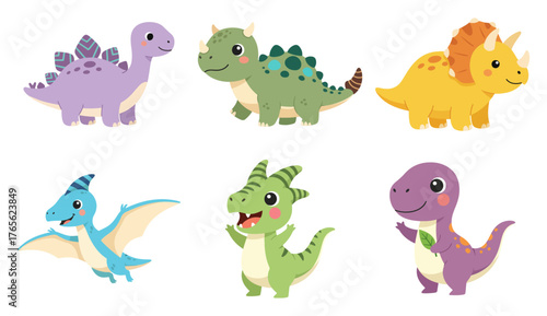 Cartoon dinosaurs, each with a unique color and design.