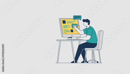 Creative professional sitting at a desk and using a stylus on a desktop computer, designing and developing a website or application user interface with flat design elements