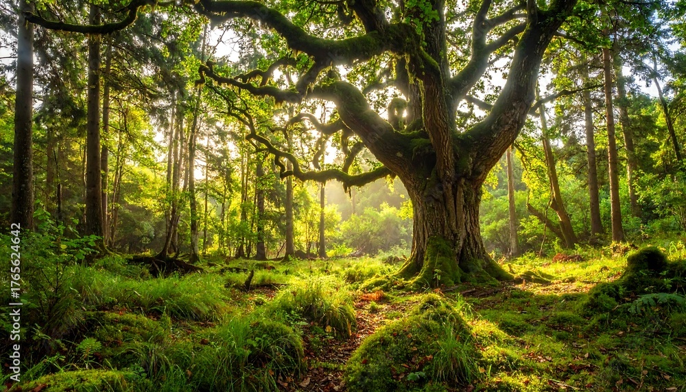 Fototapeta premium Ancient tree dominates a lush forest, light filtering through canopy, mossy floor, serene and inviting nature scene