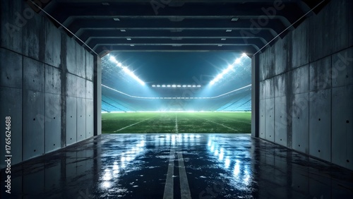 Football stadium tunnel entrance with bright lights and green field view for sports background use