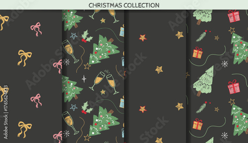 Set of Christmas patterns with cute chalk doodles. Dark seamless backgrounds. Crayon style. Xmas ornaments