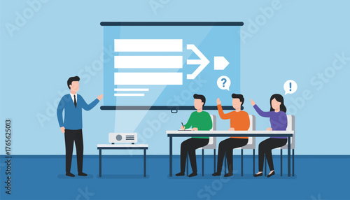 Trainer explaining complex data using a projector and screen to a group of diverse students engaging in an interactive learning session and asking questions