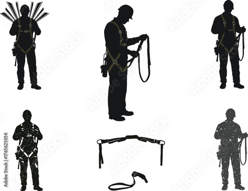 Construction worker silhouette with safety harness and tools, industrial worker holding rope and equipment vector illustration for workplace safety training and design