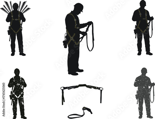 Construction worker silhouettes wearing safety harness and equipment, industrial laborer holding tools and ropes vector illustration for workplace safety and industrial design