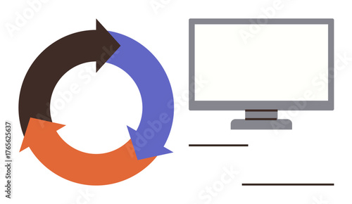 Arrow cycle diagram adjacent to a computer screen symbolizing continuous processes, data flow, and system optimization. Ideal for workflow, automation, technology, business, education, innovation